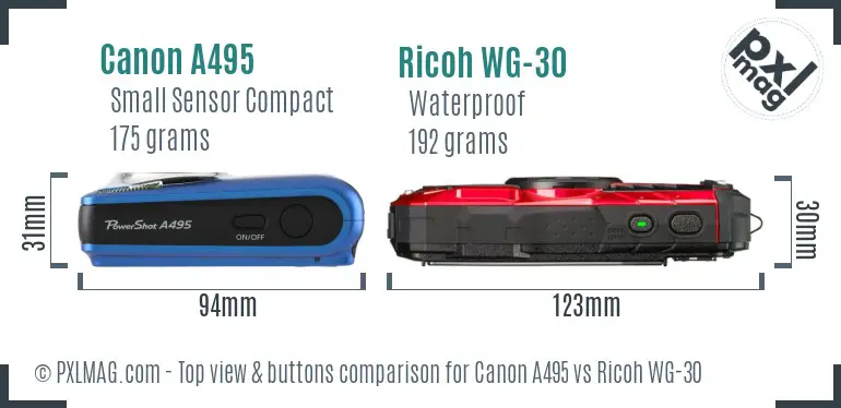 Canon A495 vs Ricoh WG-30 top view buttons comparison