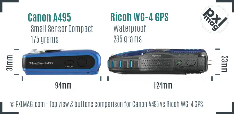 Canon A495 vs Ricoh WG-4 GPS top view buttons comparison