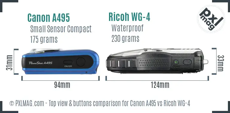Canon A495 vs Ricoh WG-4 top view buttons comparison