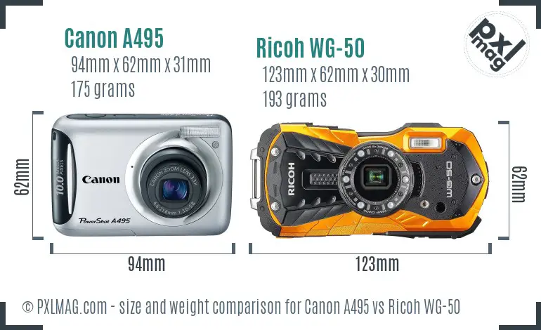 Canon A495 vs Ricoh WG-50 size comparison Canon A495 vs Ricoh WG-50 size comparison