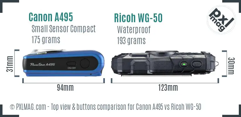 Canon A495 vs Ricoh WG-50 top view buttons comparison Canon A495 vs Ricoh WG-50 top view buttons comparison