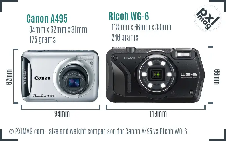 Canon A495 vs Ricoh WG-6 size comparison
