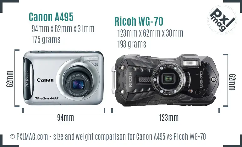 Canon A495 vs Ricoh WG-70 size comparison