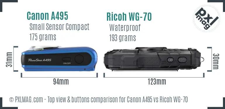 Canon A495 vs Ricoh WG-70 top view buttons comparison