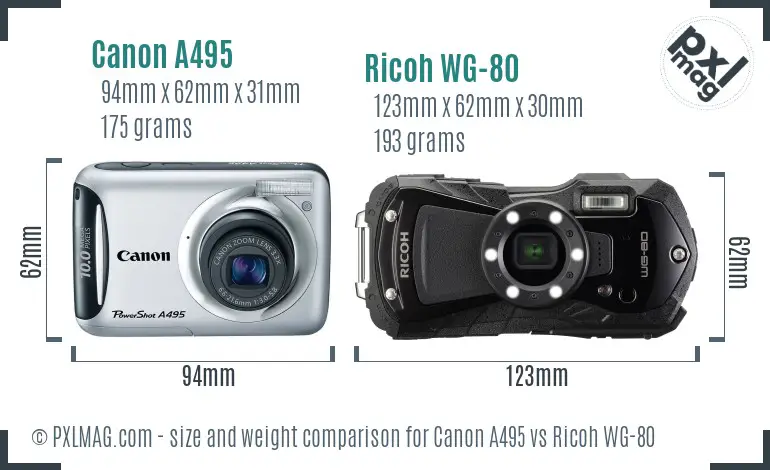 Canon A495 vs Ricoh WG-80 size comparison Canon A495 vs Ricoh WG-80 size comparison