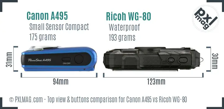 Canon A495 vs Ricoh WG-80 top view buttons comparison Canon A495 vs Ricoh WG-80 top view buttons comparison