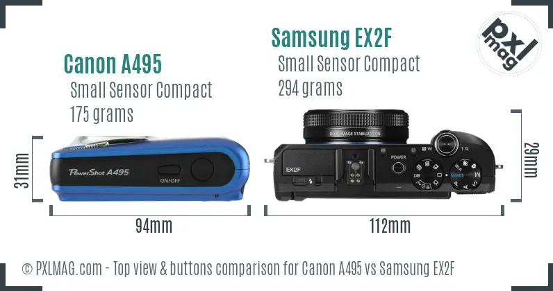 Canon A495 vs Samsung EX2F top view buttons comparison