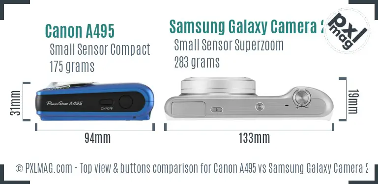 Canon A495 vs Samsung Galaxy Camera 2 top view buttons comparison