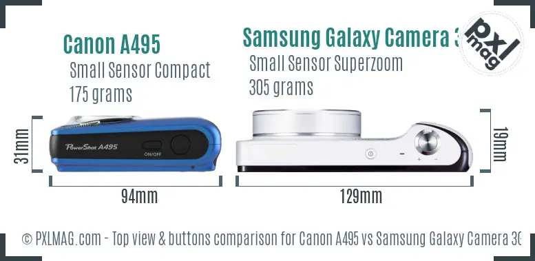 Canon A495 vs Samsung Galaxy Camera 3G top view buttons comparison