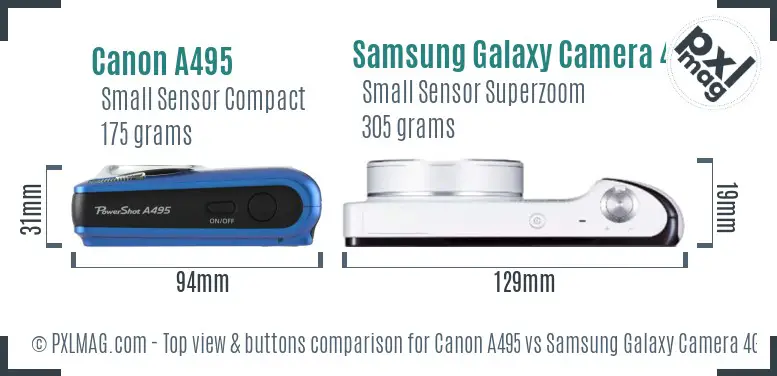 Canon A495 vs Samsung Galaxy Camera 4G top view buttons comparison Canon A495 vs Samsung Galaxy Camera 4G top view buttons comparison