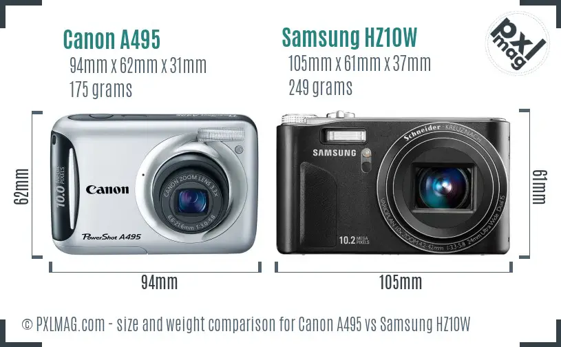 Canon A495 vs Samsung HZ10W size comparison Canon A495 vs Samsung HZ10W size comparison