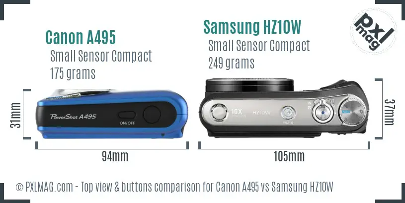 Canon A495 vs Samsung HZ10W top view buttons comparison