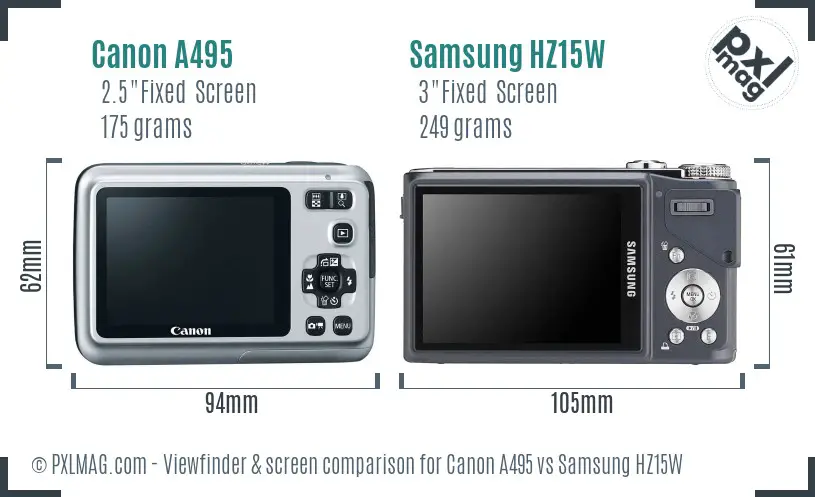 Canon A495 vs Samsung HZ15W Screen and Viewfinder comparison