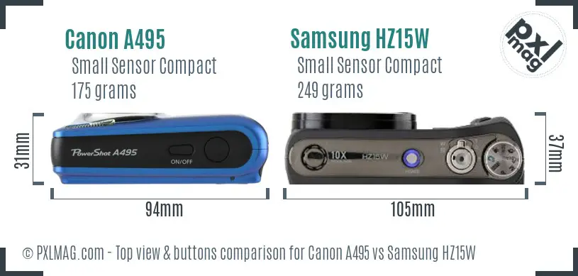 Canon A495 vs Samsung HZ15W top view buttons comparison
