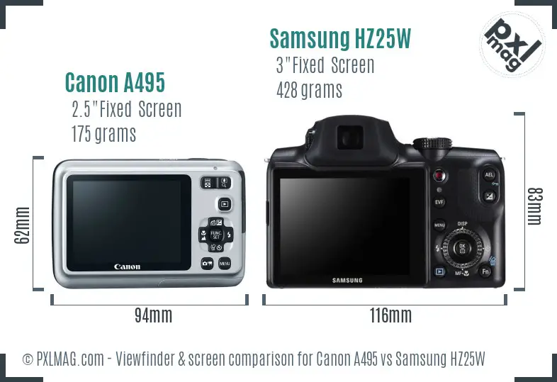 Canon A495 vs Samsung HZ25W Screen and Viewfinder comparison