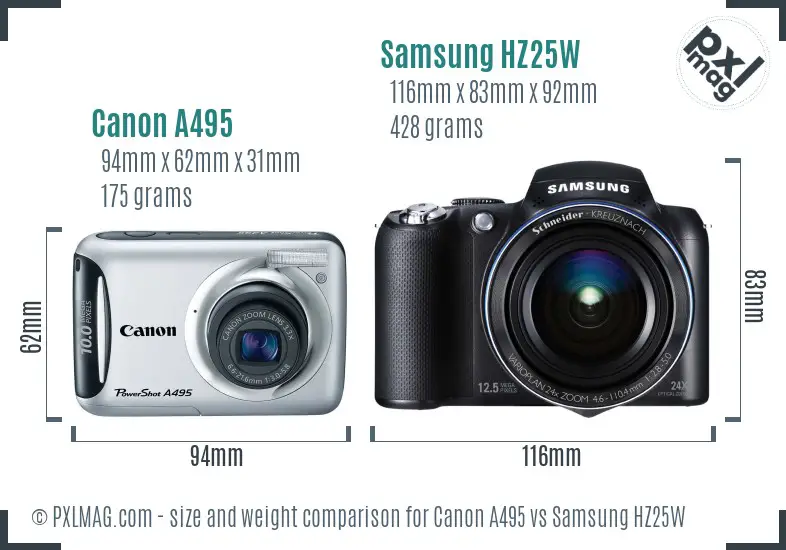 Canon A495 vs Samsung HZ25W size comparison