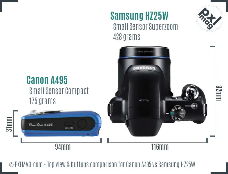 Canon A495 vs Samsung HZ25W top view buttons comparison