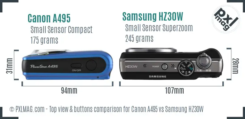 Canon A495 vs Samsung HZ30W top view buttons comparison Canon A495 vs Samsung HZ30W top view buttons comparison