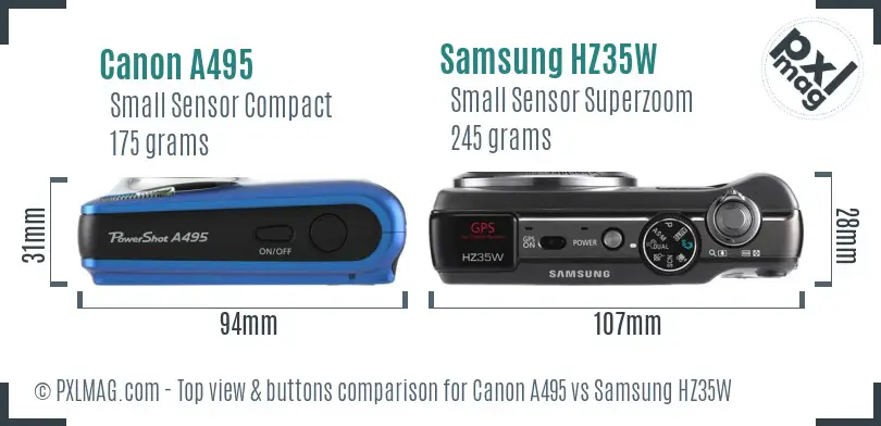 Canon A495 vs Samsung HZ35W top view buttons comparison