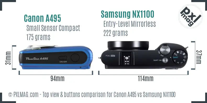 Canon A495 vs Samsung NX1100 top view buttons comparison