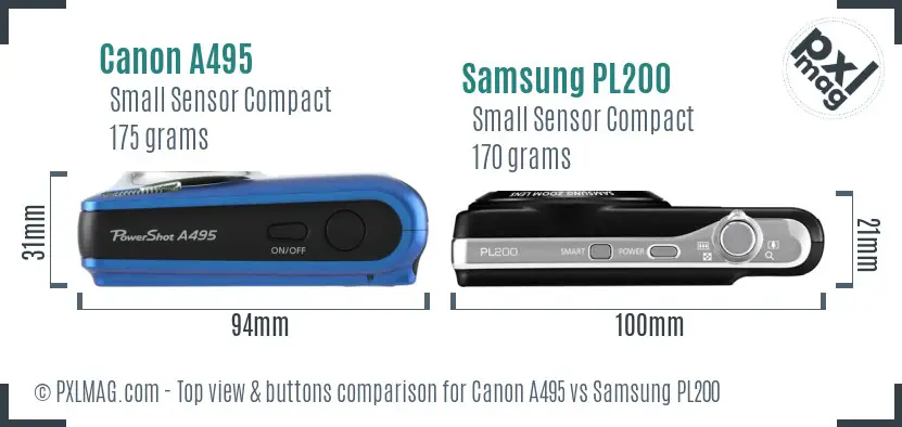 Canon A495 vs Samsung PL200 top view buttons comparison Canon A495 vs Samsung PL200 top view buttons comparison