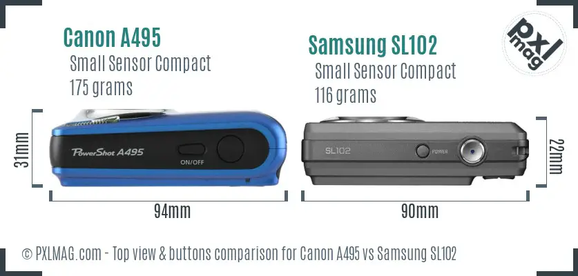 Canon A495 vs Samsung SL102 top view buttons comparison Canon A495 vs Samsung SL102 top view buttons comparison