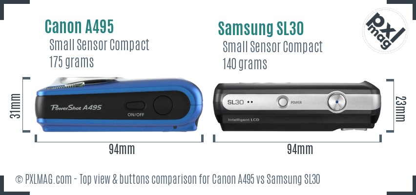 Canon A495 vs Samsung SL30 top view buttons comparison