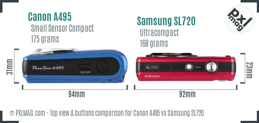 Canon A495 vs Samsung SL720 top view buttons comparison