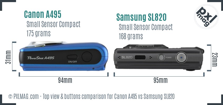 Canon A495 vs Samsung SL820 top view buttons comparison