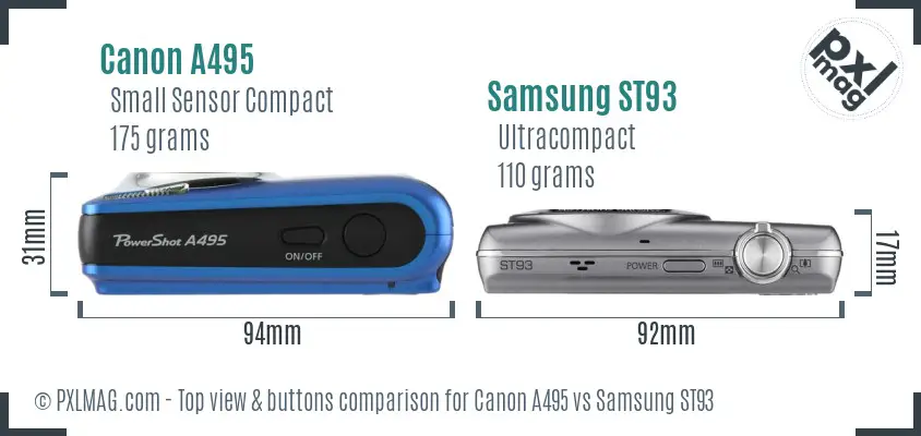 Canon A495 vs Samsung ST93 top view buttons comparison