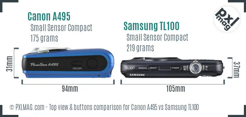 Canon A495 vs Samsung TL100 top view buttons comparison Canon A495 vs Samsung TL100 top view buttons comparison