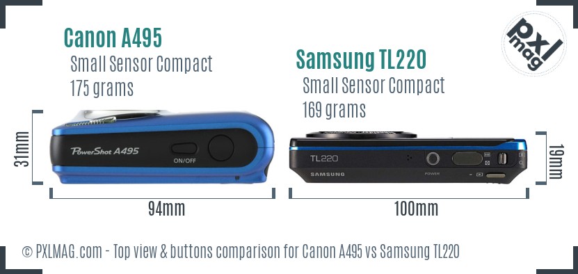 Canon A495 vs Samsung TL220 top view buttons comparison