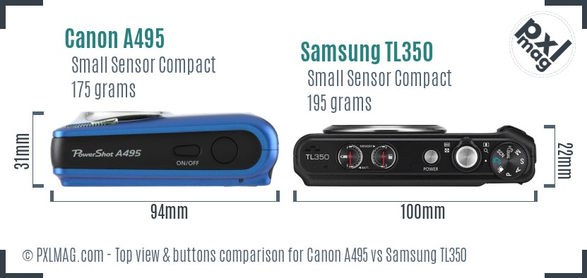 Canon A495 vs Samsung TL350 top view buttons comparison