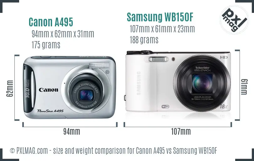 Canon A495 vs Samsung WB150F size comparison