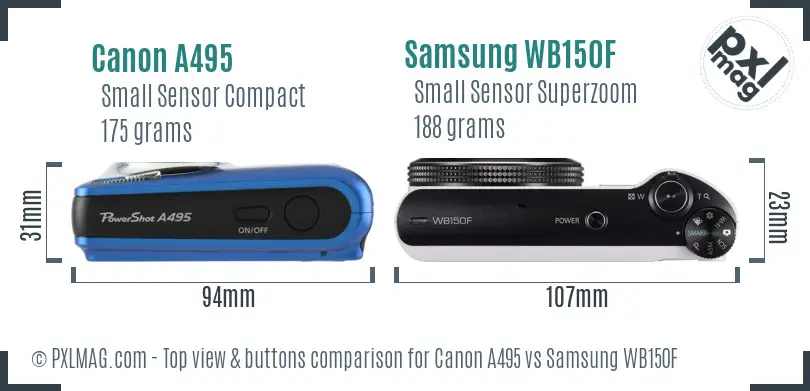 Canon A495 vs Samsung WB150F top view buttons comparison