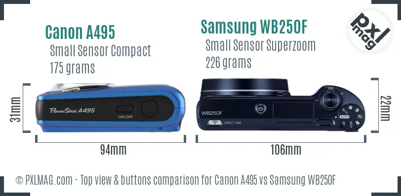 Canon A495 vs Samsung WB250F top view buttons comparison