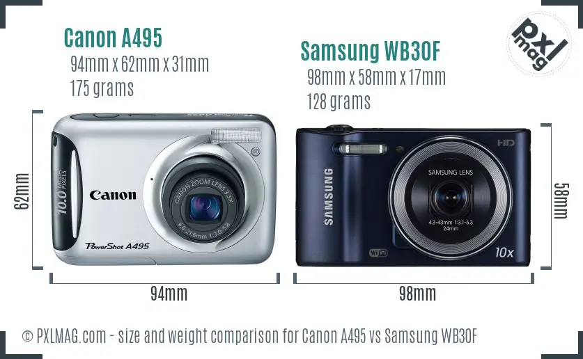 Canon A495 vs Samsung WB30F size comparison
