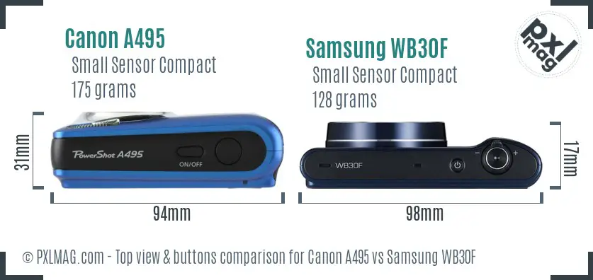 Canon A495 vs Samsung WB30F top view buttons comparison