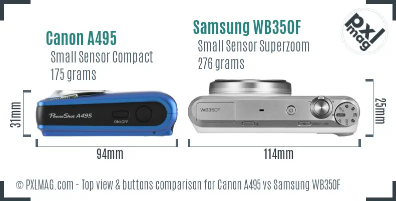 Canon A495 vs Samsung WB350F top view buttons comparison