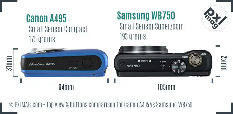 Canon A495 vs Samsung WB750 top view buttons comparison