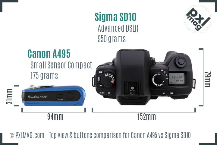 Canon A495 vs Sigma SD10 top view buttons comparison