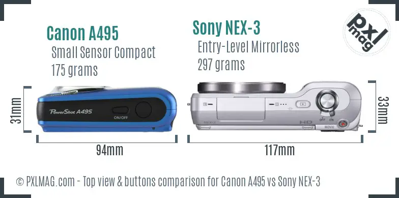 Canon A495 vs Sony NEX-3 top view buttons comparison