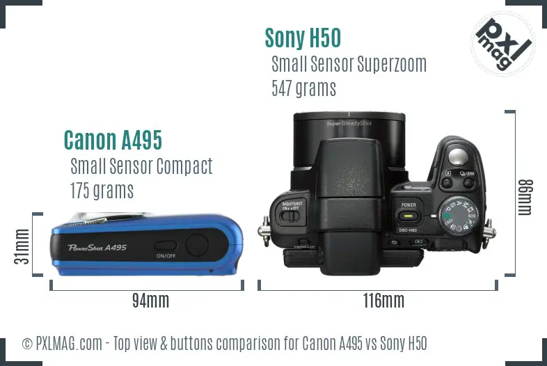 Canon A495 vs Sony H50 top view buttons comparison Canon A495 vs Sony H50 top view buttons comparison