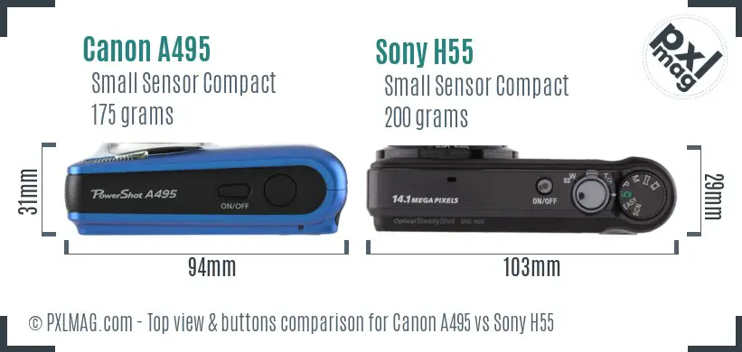 Canon A495 vs Sony H55 top view buttons comparison