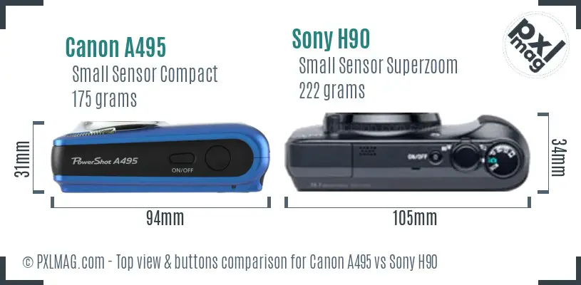 Canon A495 vs Sony H90 top view buttons comparison Canon A495 vs Sony H90 top view buttons comparison