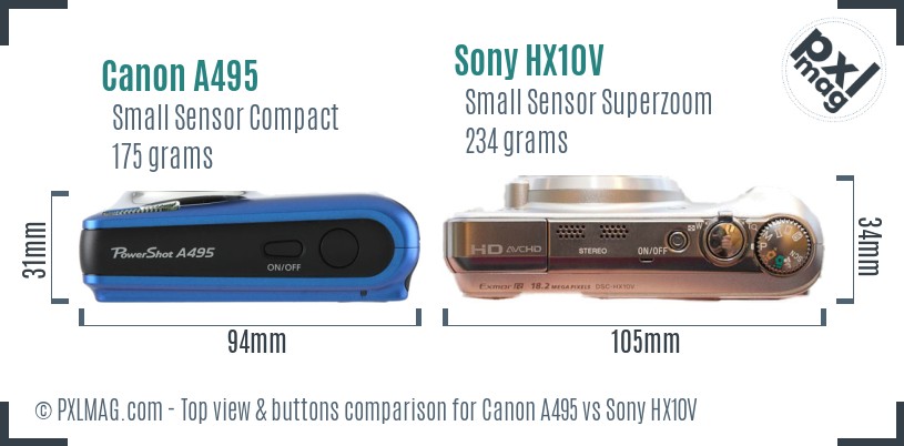 Canon A495 vs Sony HX10V top view buttons comparison