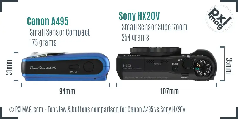 Canon A495 vs Sony HX20V top view buttons comparison