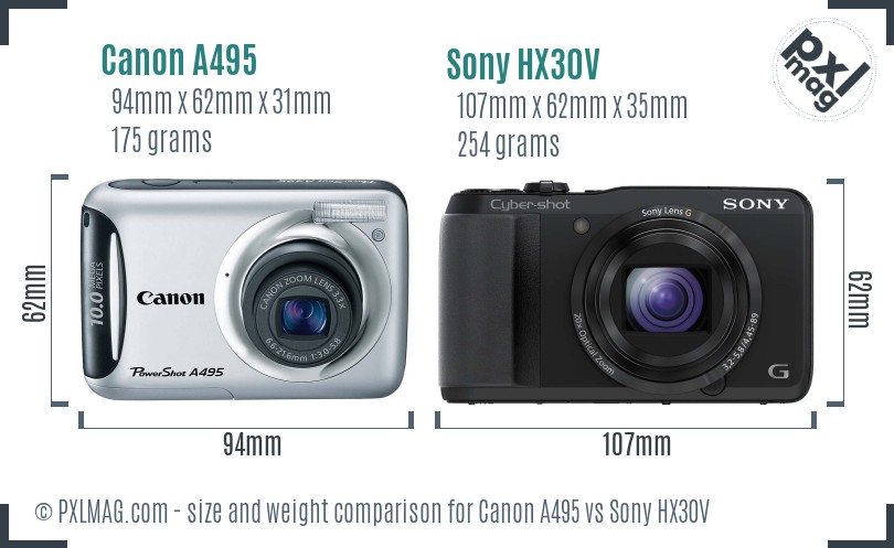 Canon A495 vs Sony HX30V size comparison