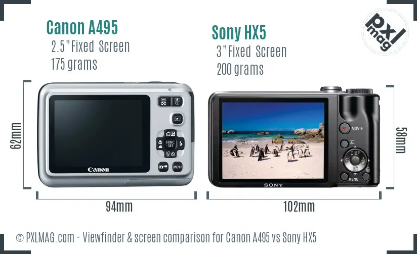 Canon A495 vs Sony HX5 Screen and Viewfinder comparison