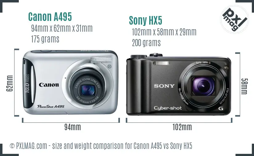 Canon A495 vs Sony HX5 size comparison